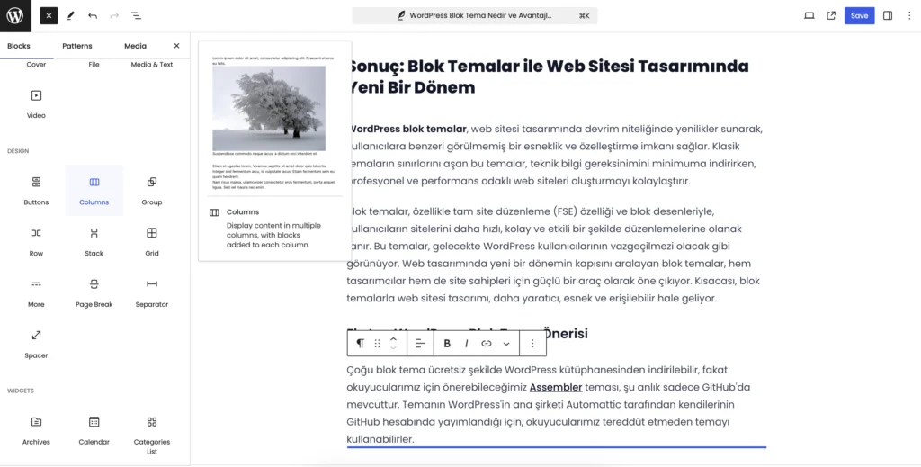 WordPress Blok Editör Ekranından bir Ekran Görüntüsü